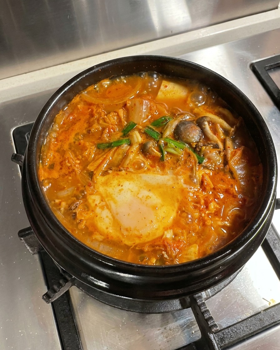Una pentola di stufato di kimchi, manzo e tofu completata con cipollotti freschi e peperoncino.