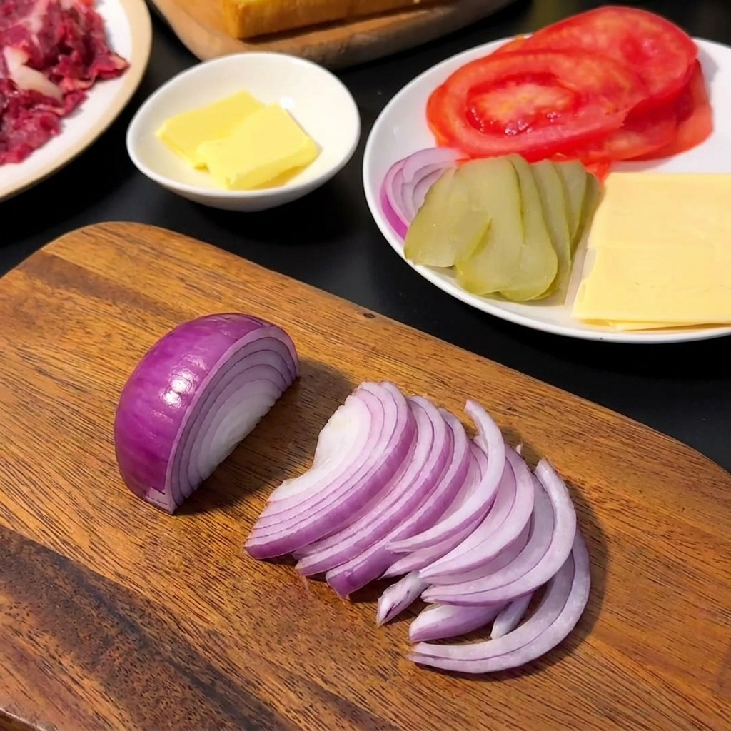Pezzi di cipolla rossa tritata finemente disposti su un tagliere in legno accanto a un coltello da cucina.