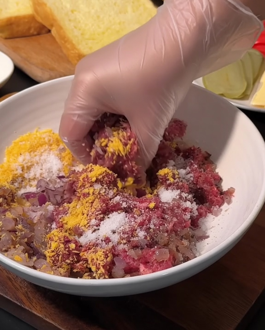 Hamburger di manzo crudo modellato rotondo seduto in una ciotola bianca, pronto per la cottura.