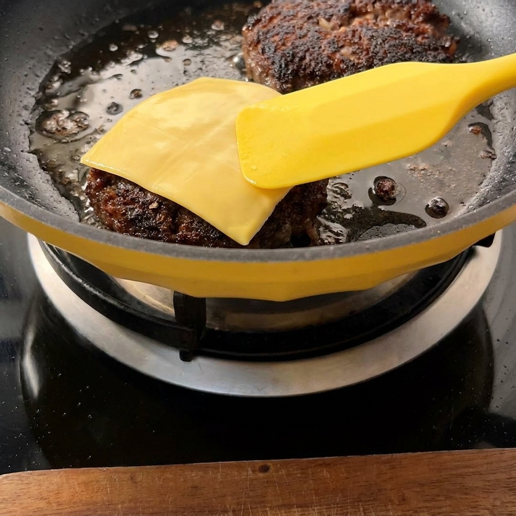 Fette di formaggio giallo che si sciolgono sugli hamburger in una padella, con una spatola gialla visibile.