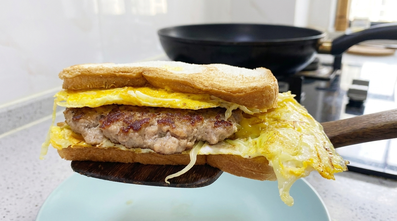 Panino con Hamburger di Maiale, Cavolo e Uovo