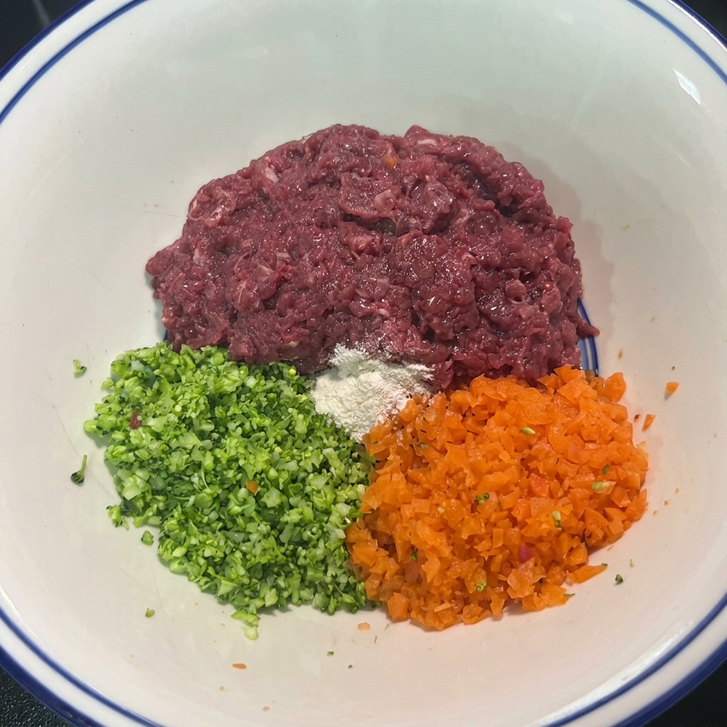Una ciotola contenente carne macinata, broccoli e carote finemente tritati, con le spezie pronte per essere mescolate.