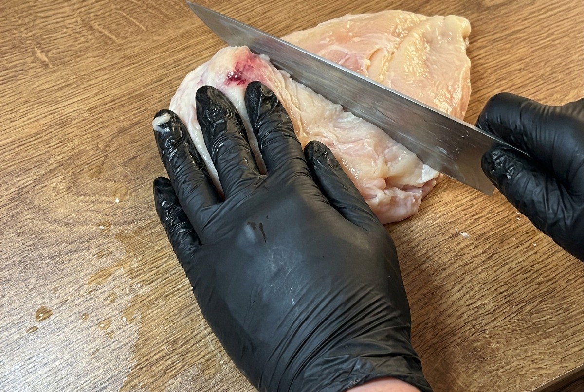 Petto di pollo crudo su un tagliere di legno mentre viene rifilato dal grasso in eccesso con un coltello da chef.