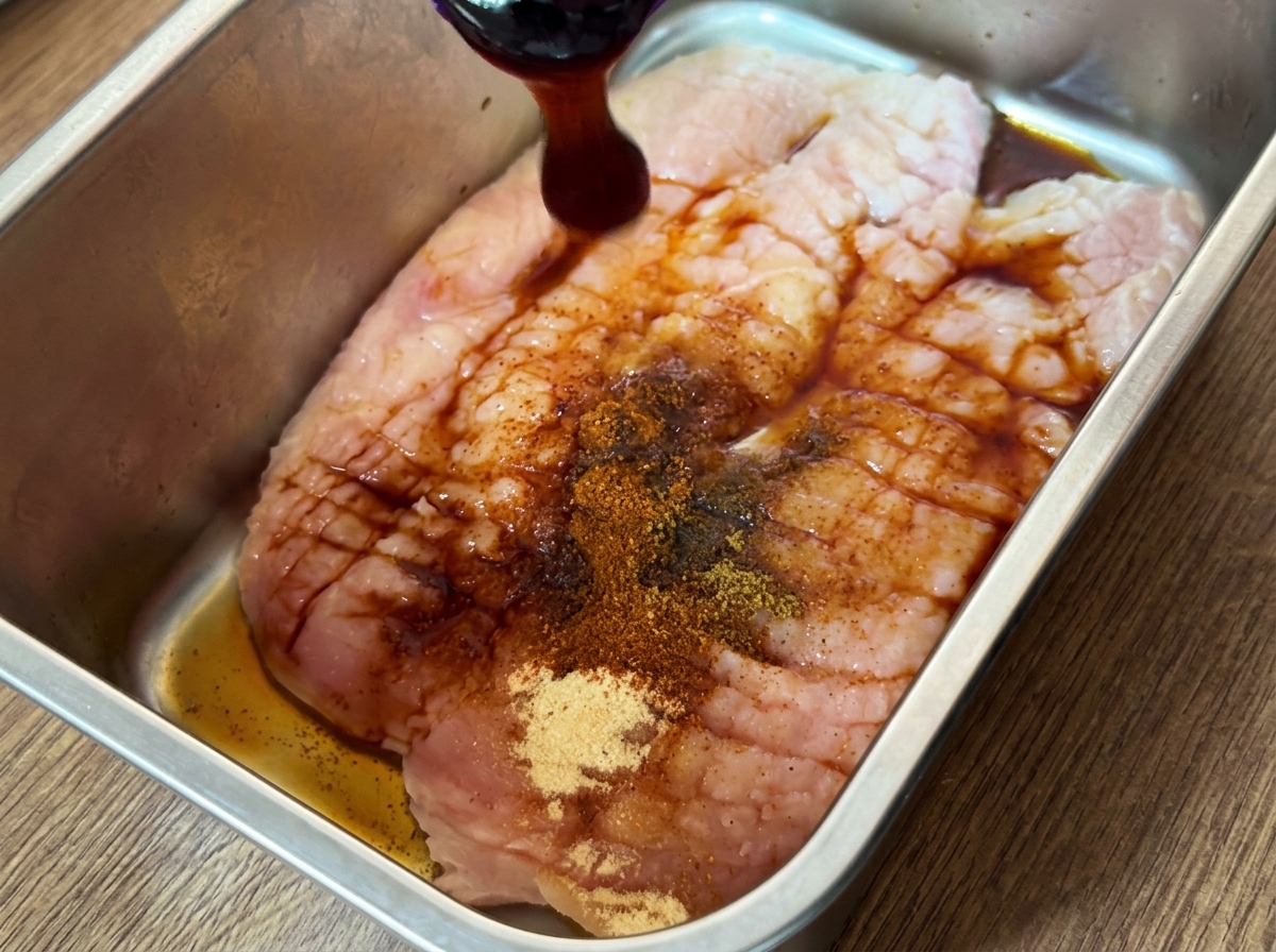 Petto di pollo condito in un contenitore metallico con varie spezie e salse aggiunte.