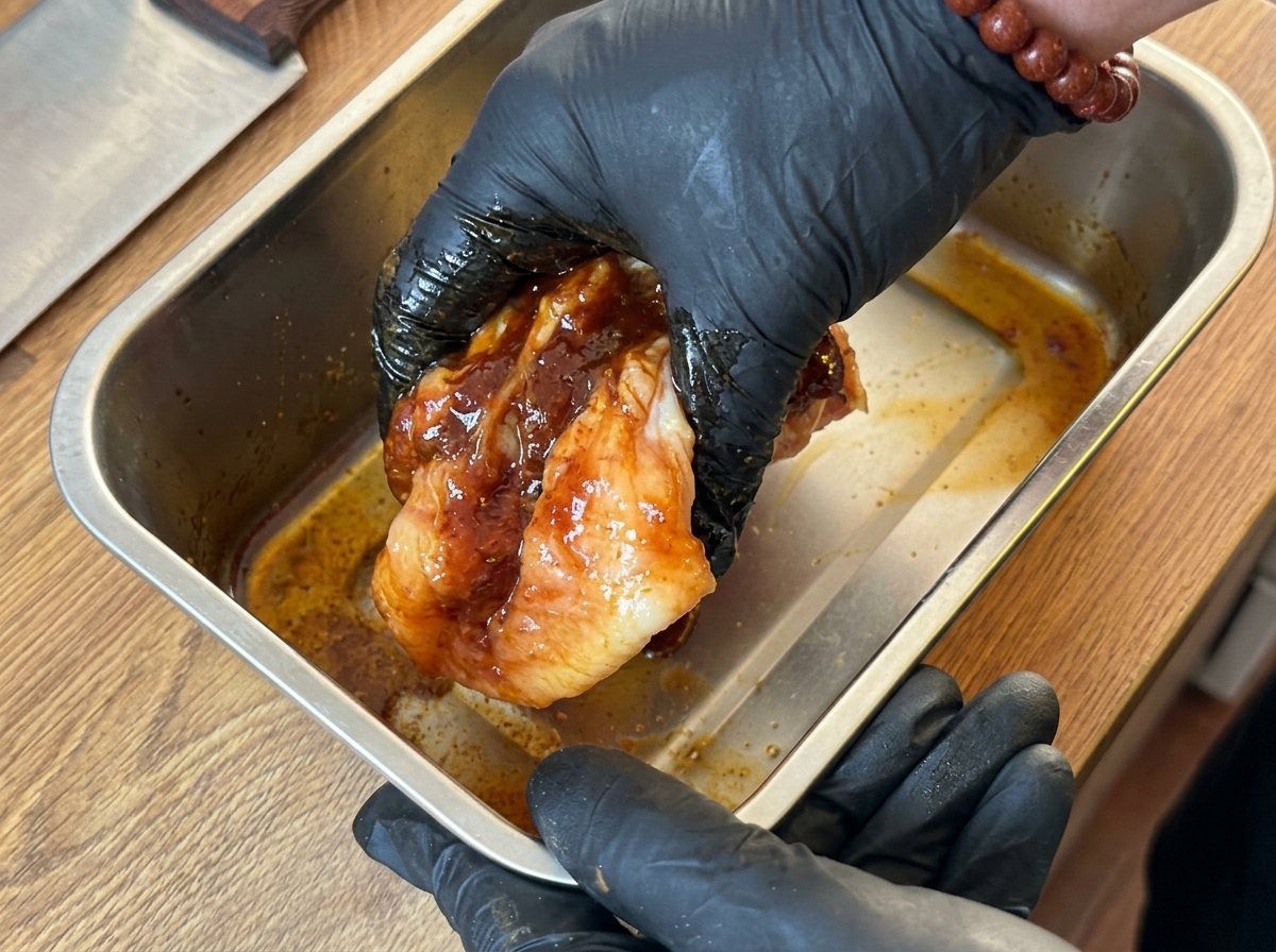 Mano guantata di nero che massaggia una marinata scura sul petto di pollo.