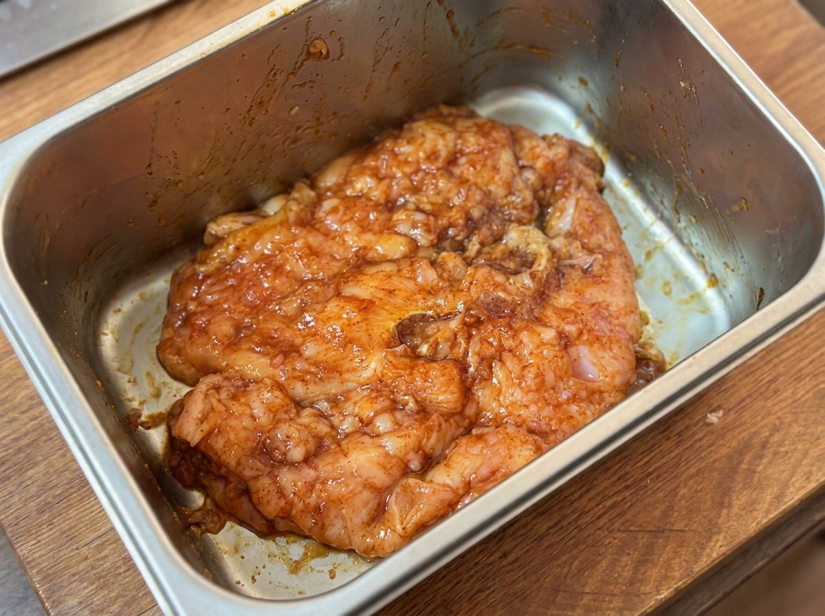 Contenitore metallico con pollo marinato coperto da pellicola trasparente.