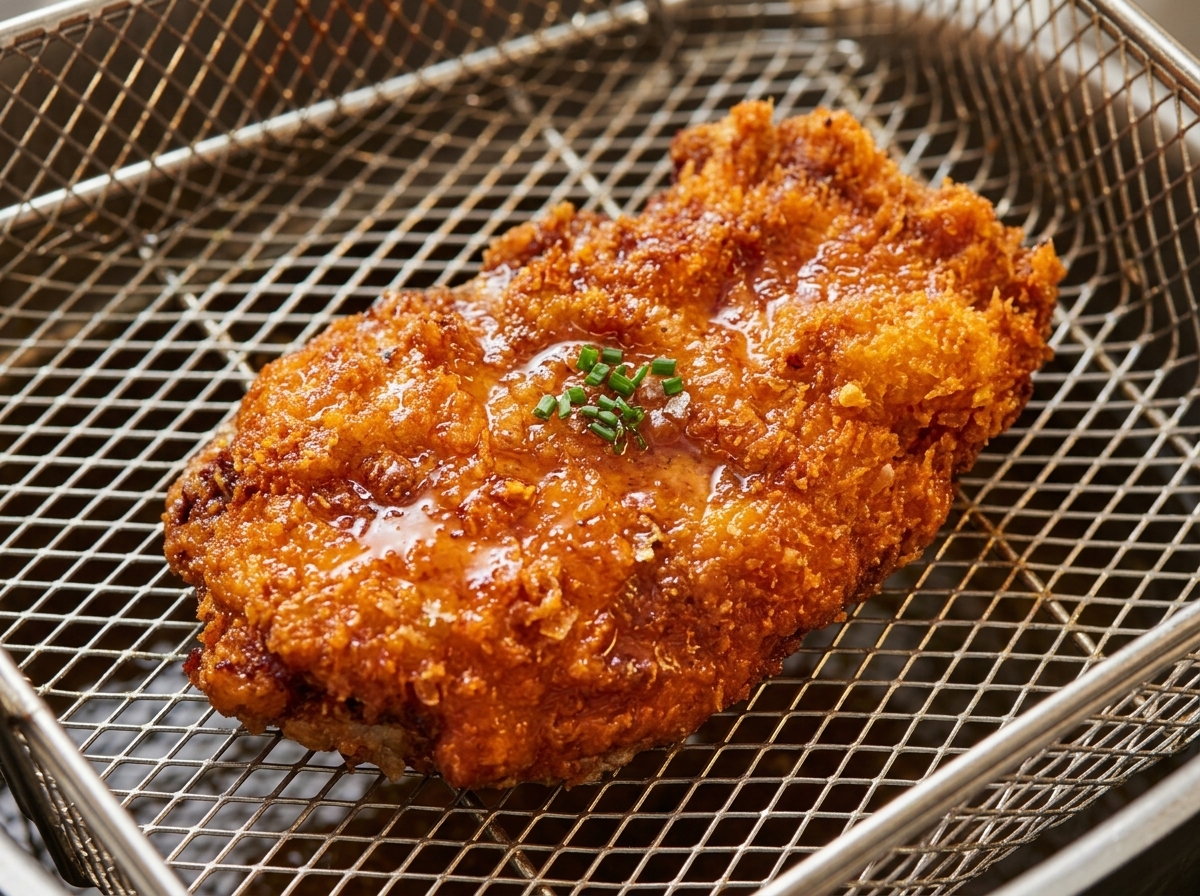 Pollo fritto croccante e dorato rimosso dalla friggitrice.