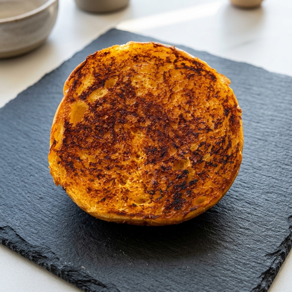 La superficie interna di un panino per hamburger, intensamente dorata e tostata.