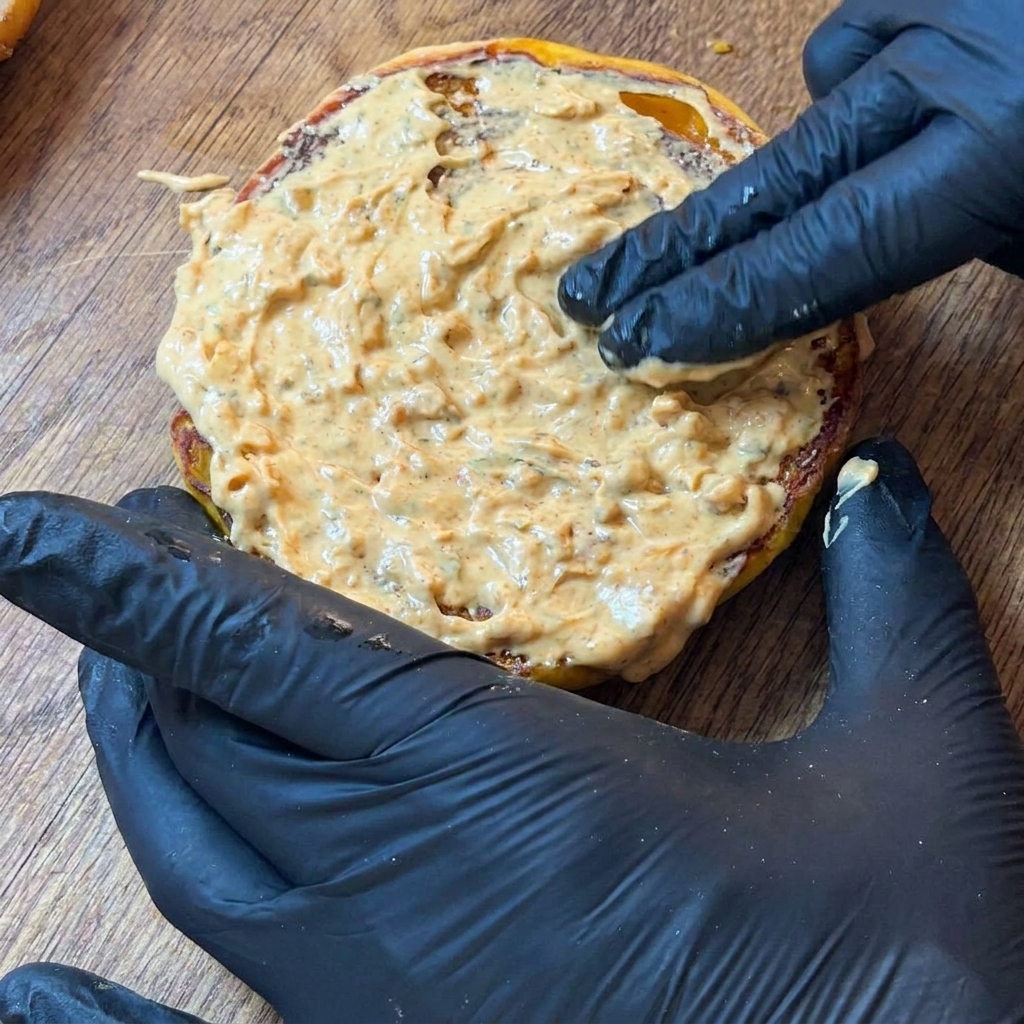 Una mano con guanto nero che spalma una salsa densa e cremosa in modo uniforme su un panino per hamburger tostato.
