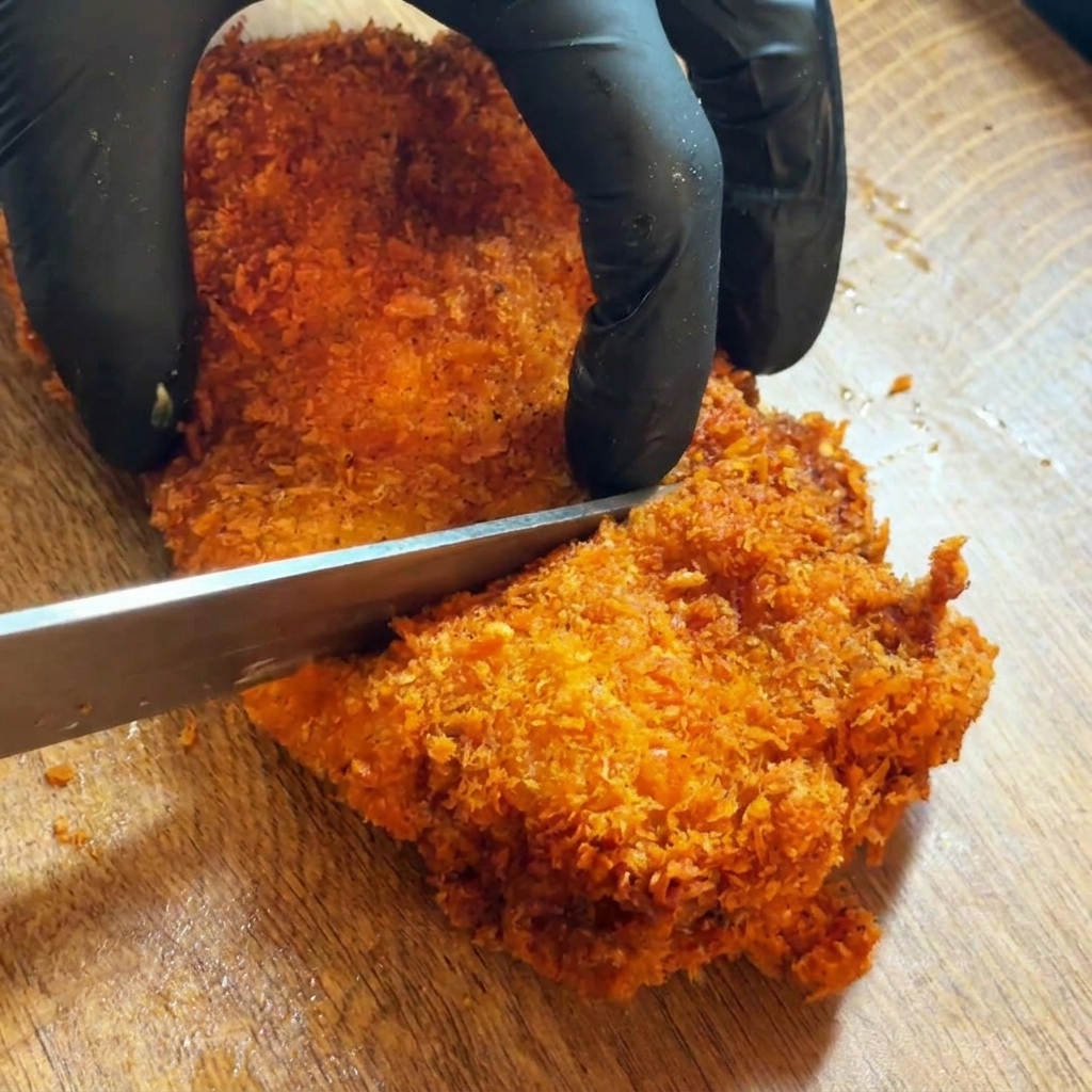 Una mano con guanto nero che usa un coltello per tagliare a metà un grande e croccante petto di pollo fritto su un tagliere di legno.