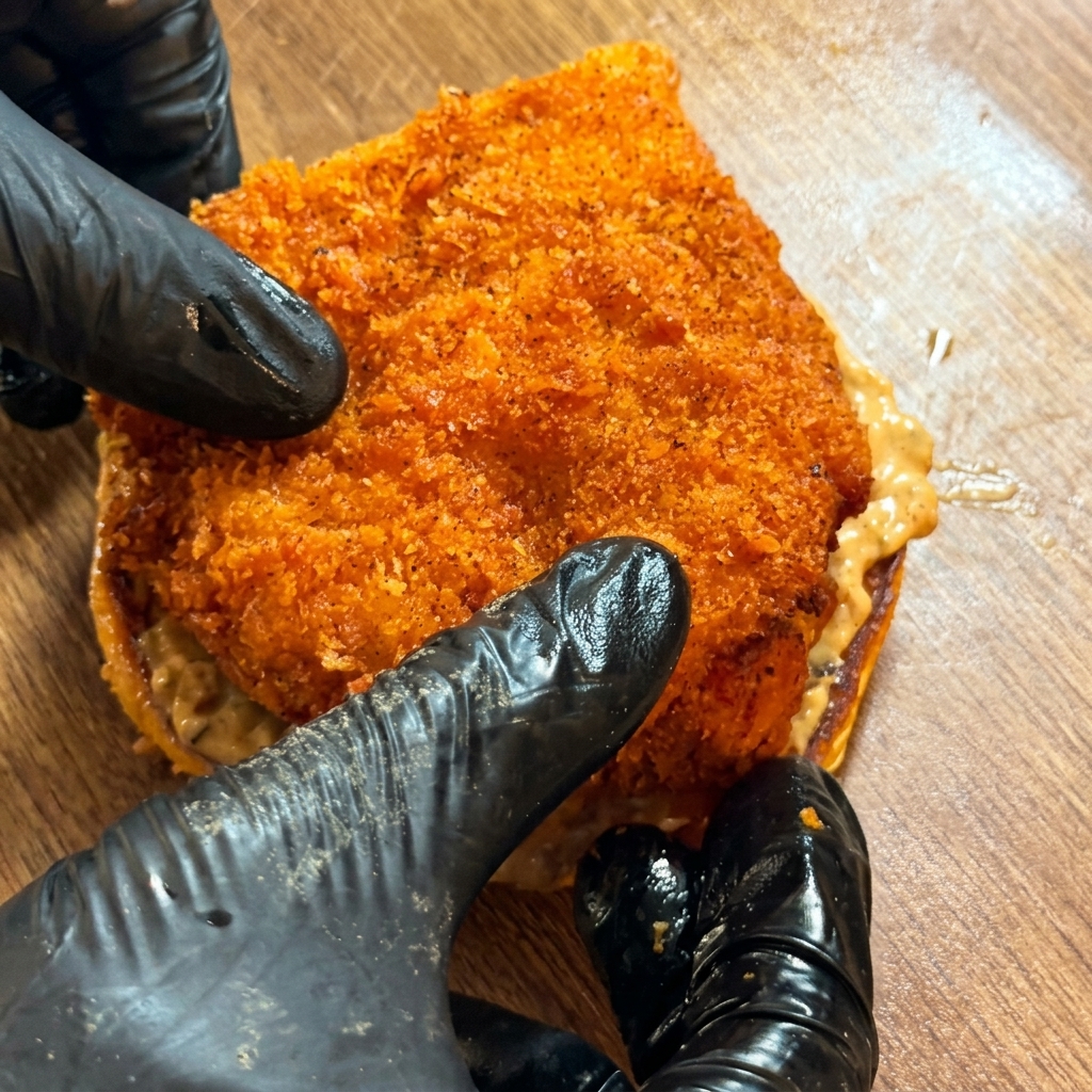 Mani con guanti neri che posizionano un tortino di pollo fritto spesso e croccante su un panino ricoperto di salsa.