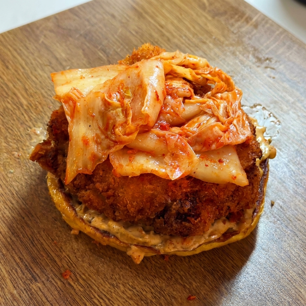 Un tortino croccante di pollo fritto impilato sopra uno strato di kimchi.