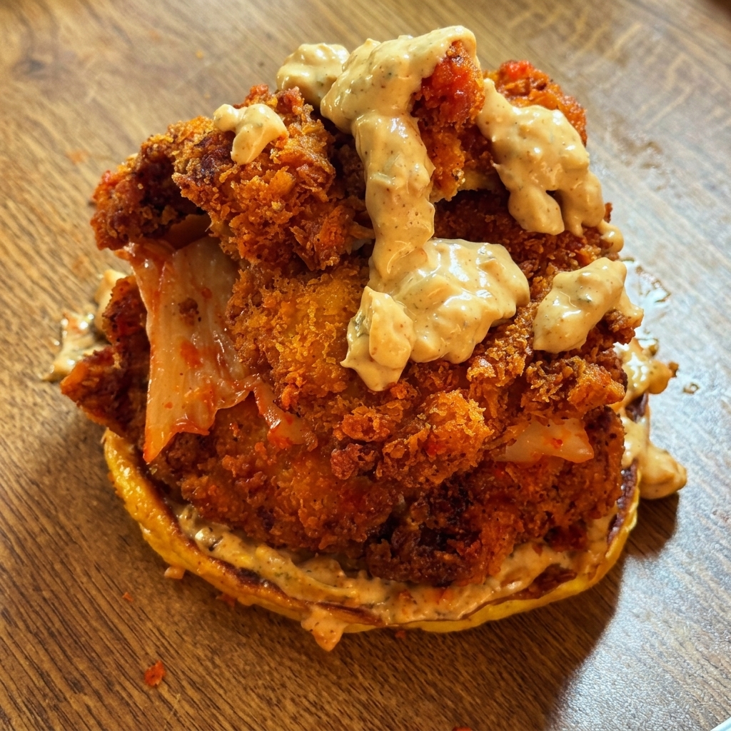 Salsa cremosa versata sui pezzi di pollo fritto impilati.