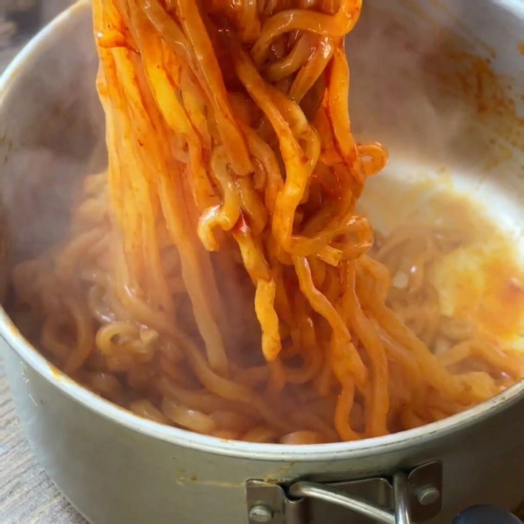 Noodle piccanti rossi, lunghi e lucidi, sollevati da una pentola con le bacchette.