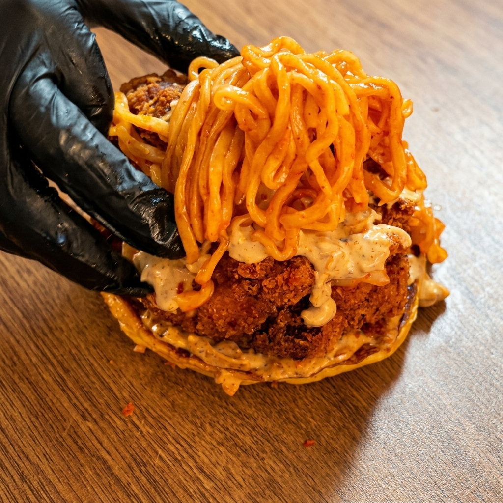 Una massiccia pila di lucidi noodle rossi posizionata sullhamburger di pollo fritto assemblato.