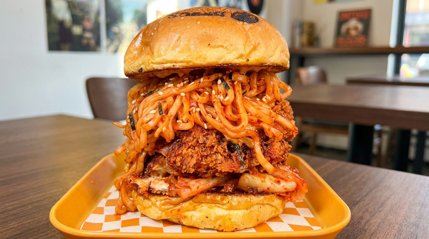 Burger di Pollo Fritto con Noodle Piccanti