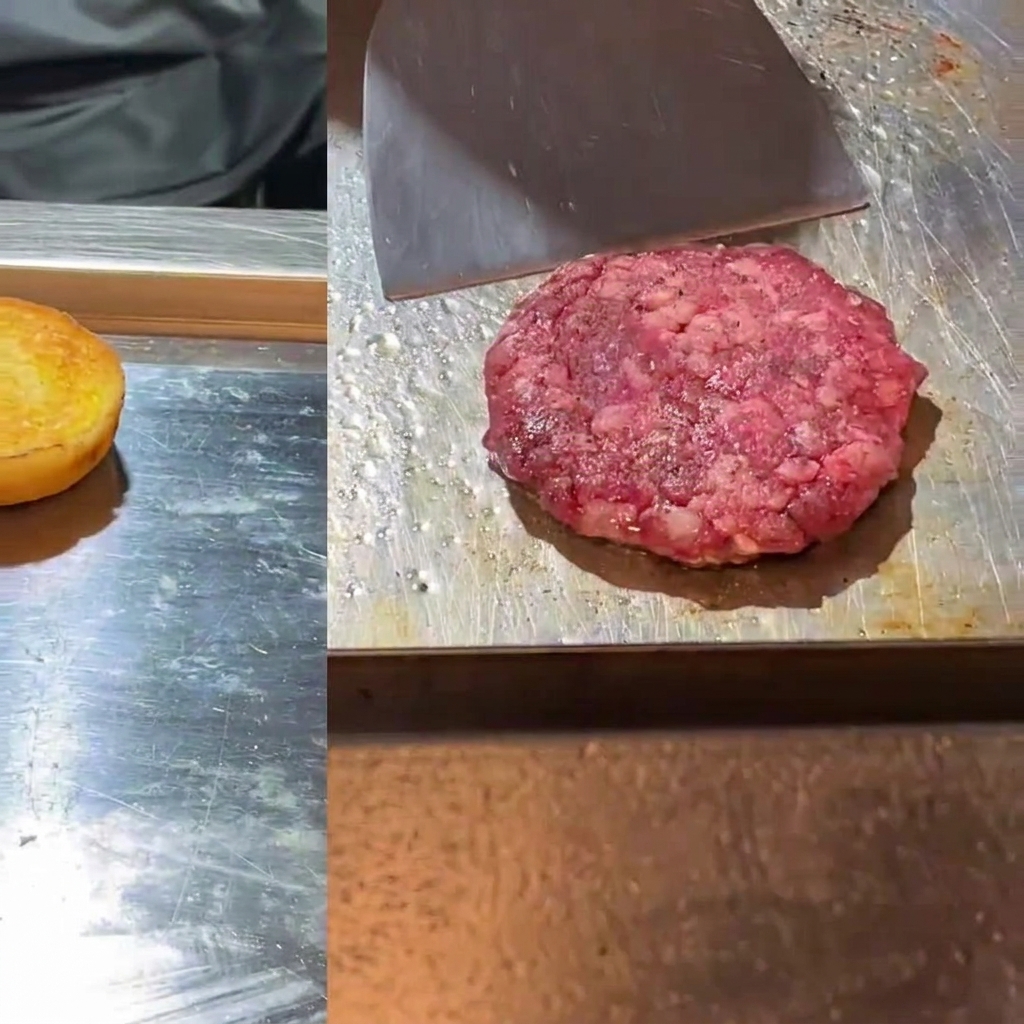 Una vista divisa mostra un panino tostato su una piastra calda a sinistra e un hamburger di manzo crudo pressato con una spatola di metallo larga a destra.