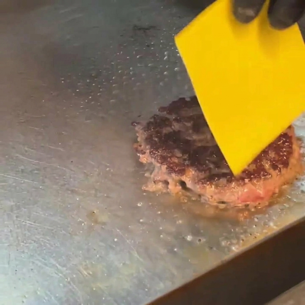 Una fetta di formaggio giallo che si scioglie sopra un burger rosolato usando un cannello da cucina portatile.