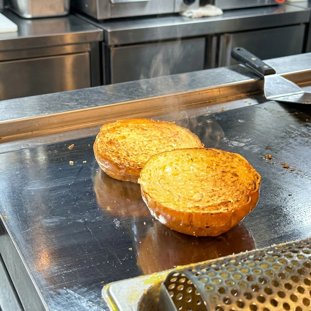Una base di panino sormontata da strati di lattuga, fette di pomodoro, cetriolini e il burger di manzo con formaggio.