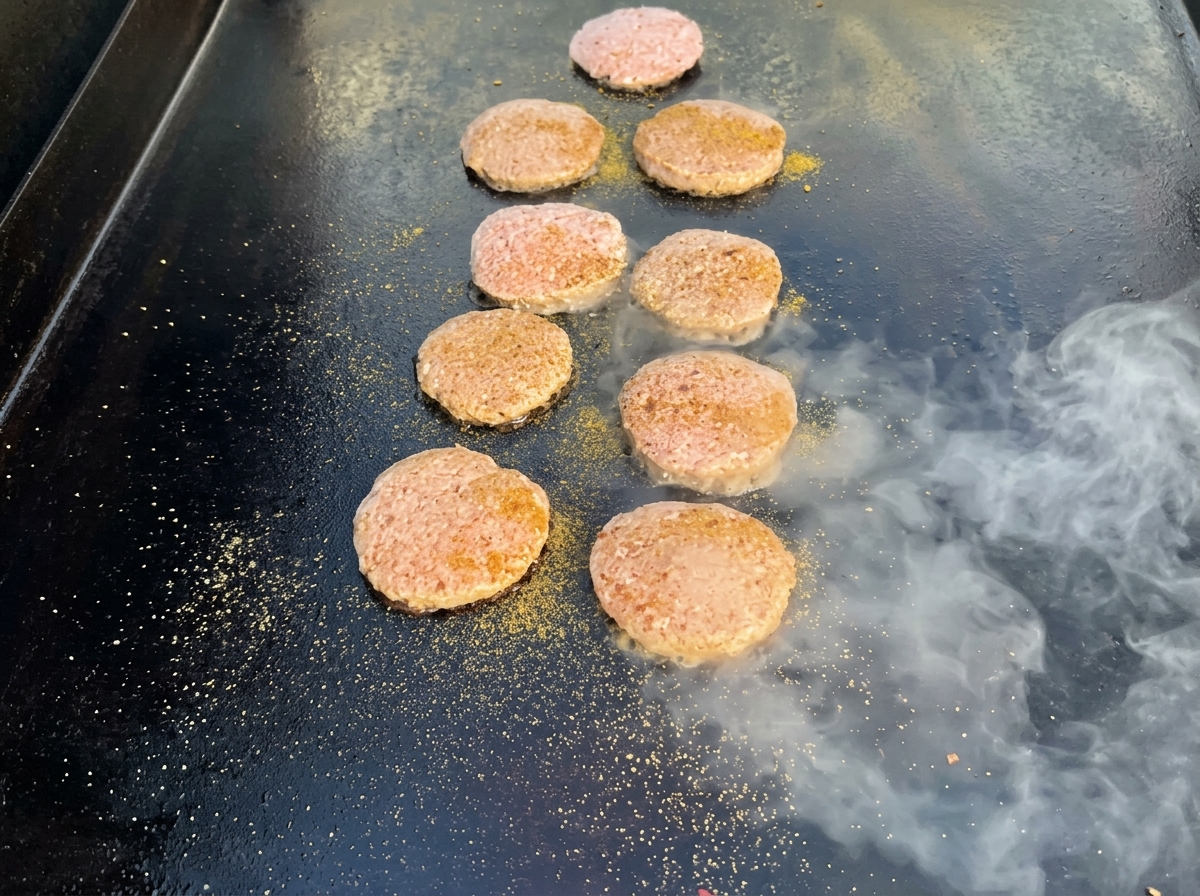 Polpette di tacchino che cuociono su una piastra calda, mostrando una crosticina dorata.