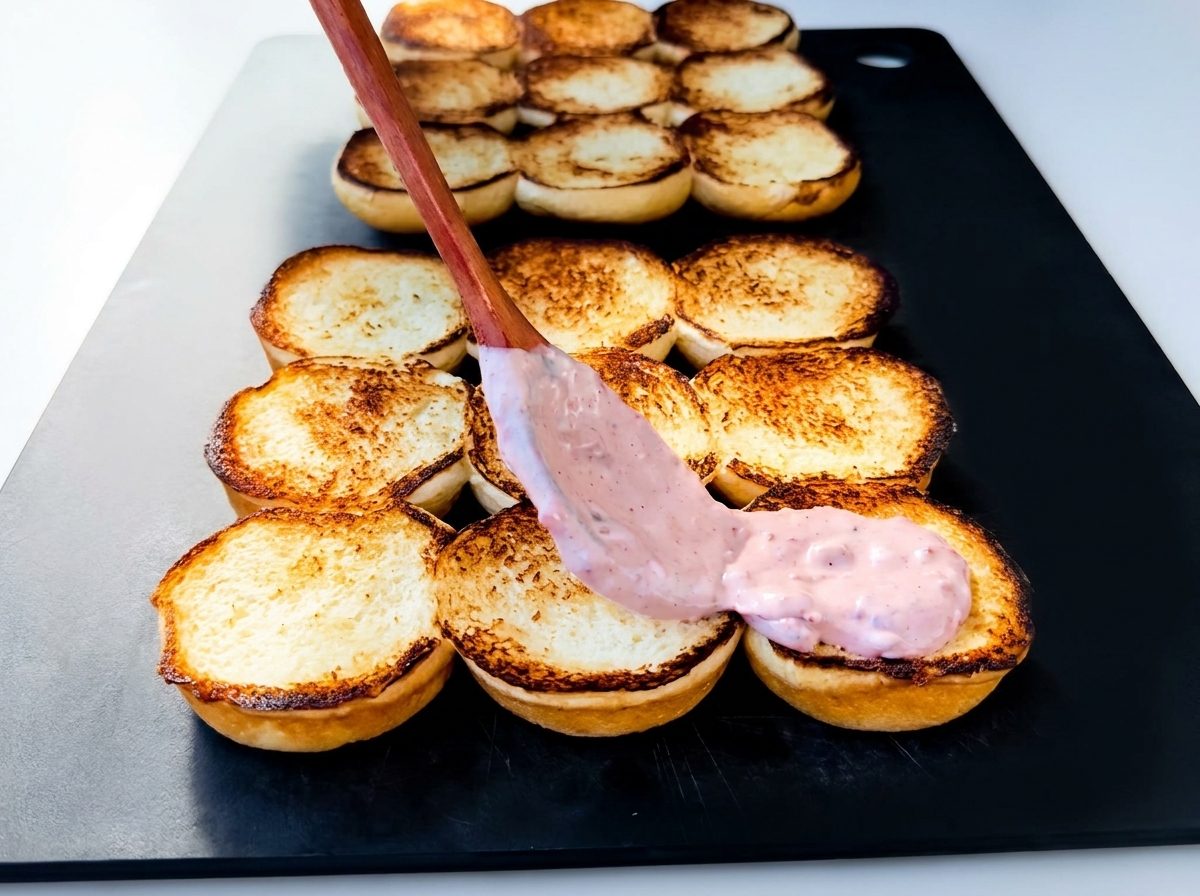 Salsa rosa spalmata sui panini tostati con un cucchiaio di legno.