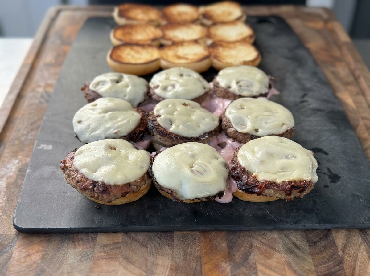 Cipolle fritte aggiunte sopra le polpette col formaggio fuso sui panini.