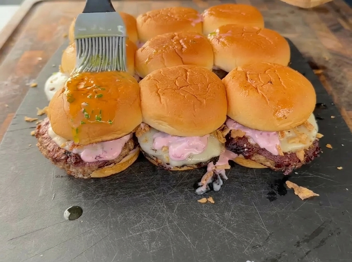 Glassa saporita spennellata sopra gli slider, guarniti con erbe verdi tritate.