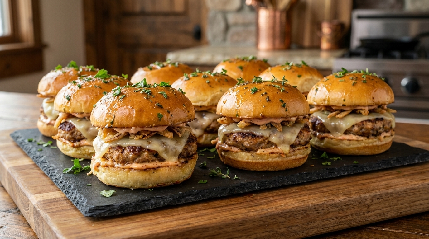 Un vassoio di slider gourmet al tacchino guarniti con erbe fresche, formaggio fuso e salsa cremosa.