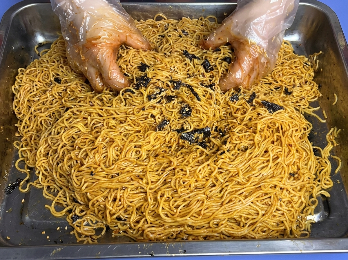 Mani con guanti in plastica che mescolano i noodles per ricoprirli di salsa.