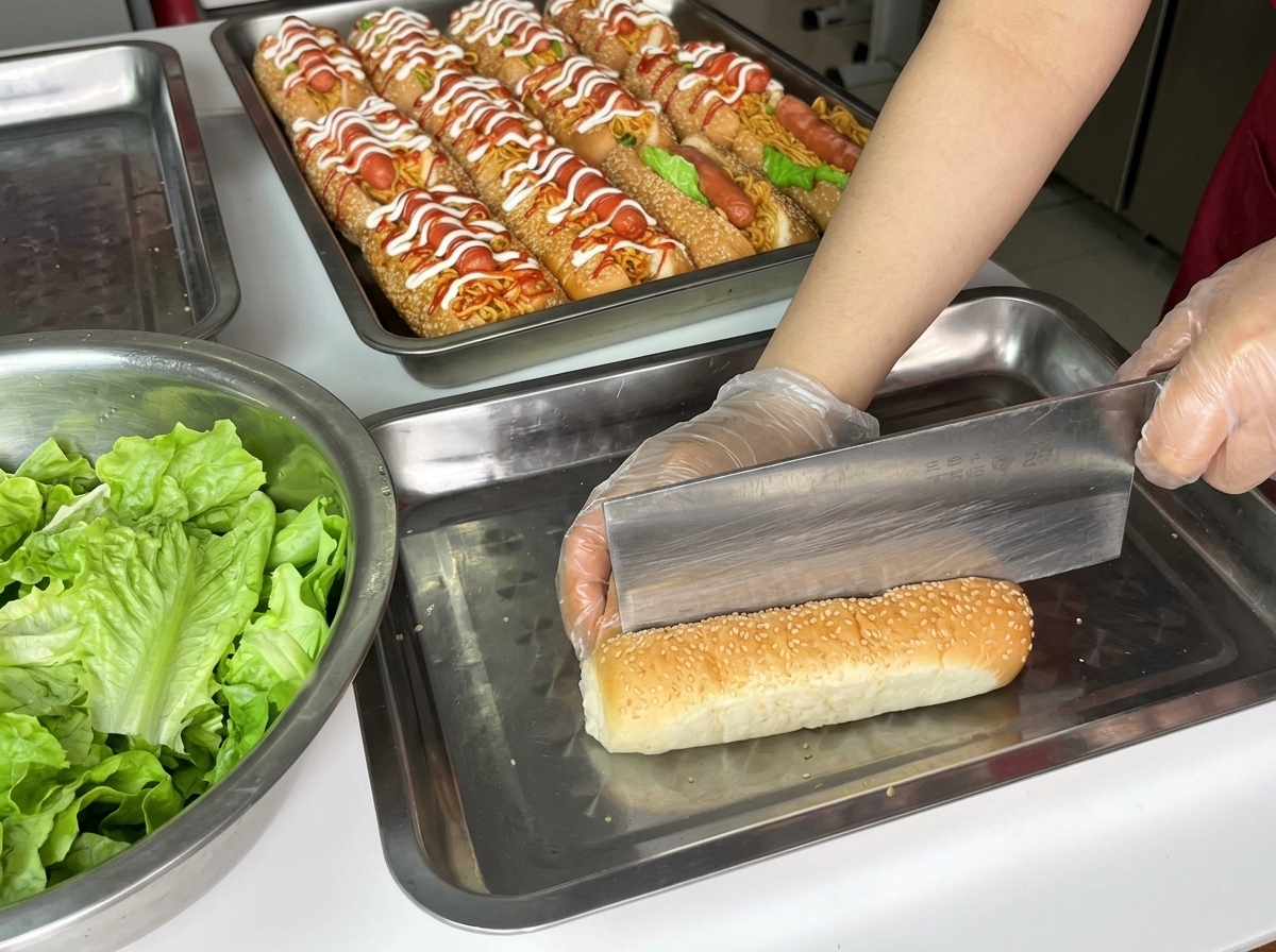 Un coltello che taglia la parte superiore di un soffice panino per hot dog al sesamo.