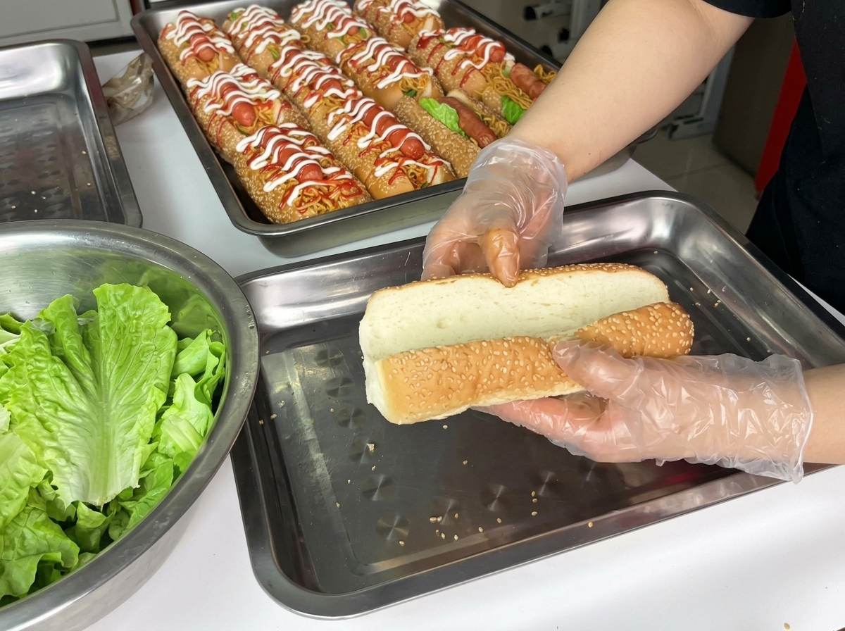 Gli ingredienti—lattuga, noodles e wurstel—mentre vengono inseriti nel panino.