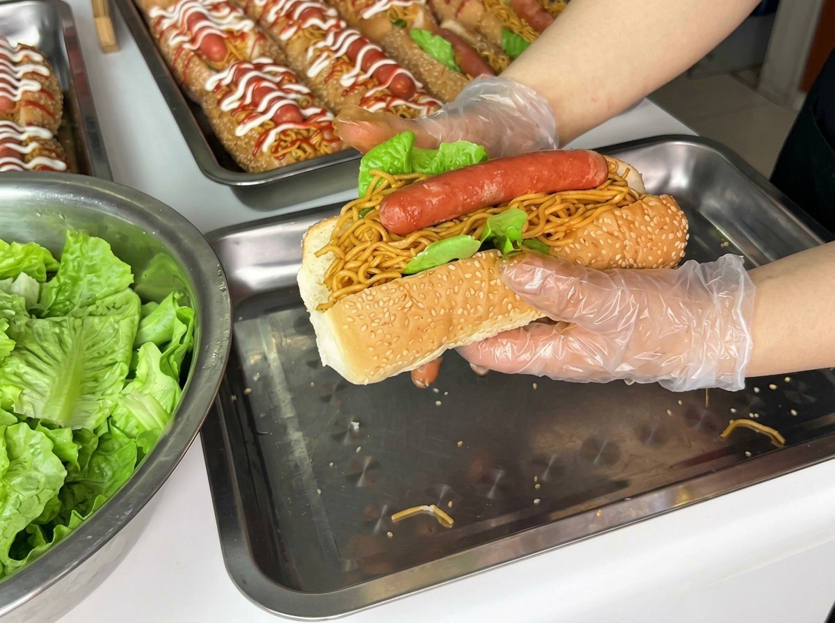 Maionese e ketchup versati in linee decorative sopra lhot dog burger finito.