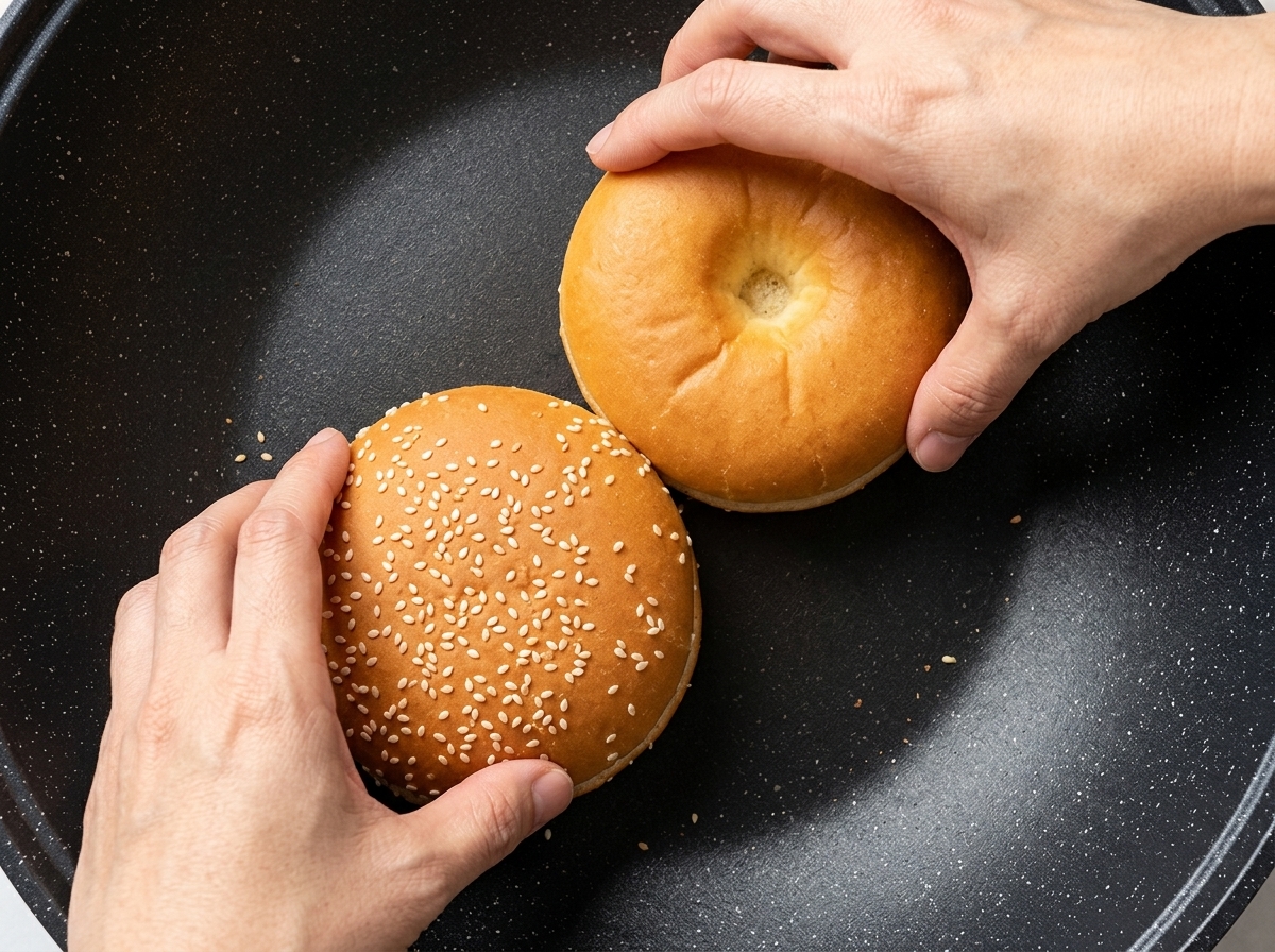 Due metà di un panino al sesamo che tostano in una padella calda.