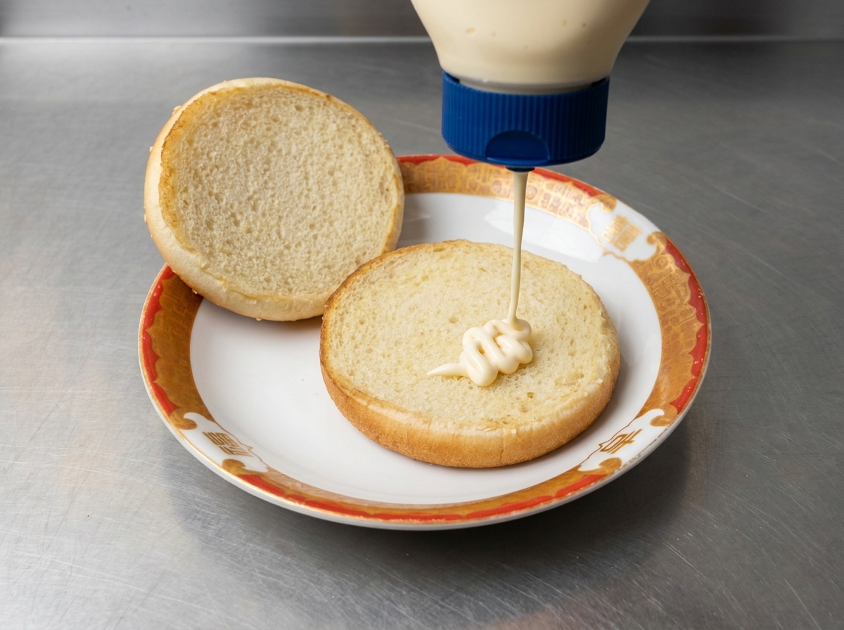 Panino inferiore con maionese e un uovo fritto sopra.