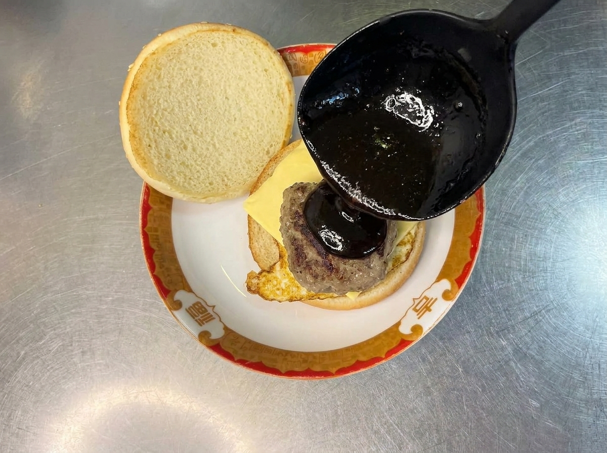 Primo piano di un hamburger di carne guarnito con ketchup mentre riposa su un panino coperto di formaggio.