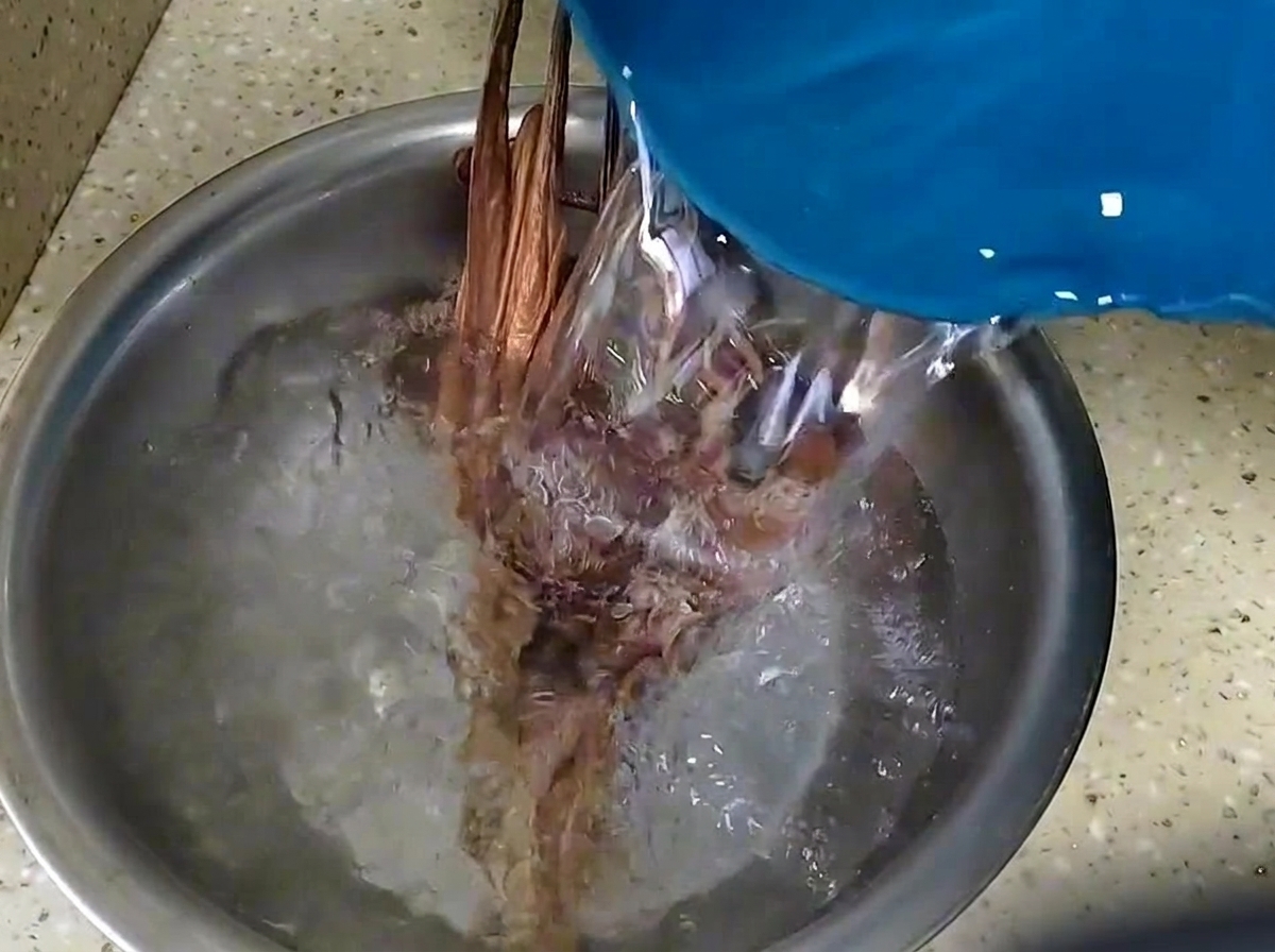 Acqua versata su polpo essiccato e funghi shiitake in una ciotola di metallo.