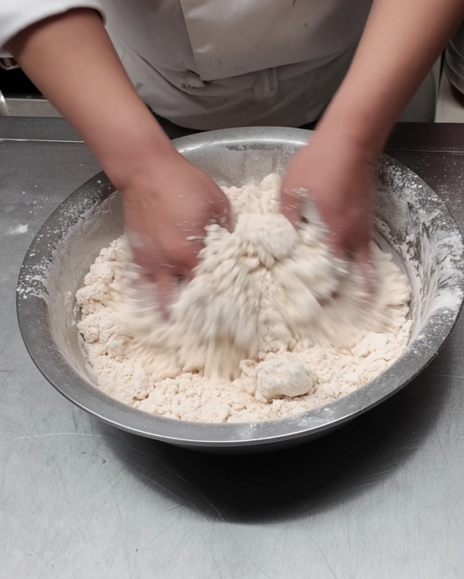 Mano che mescola farina e acqua con le dita aperte per creare fiocchi irregolari.