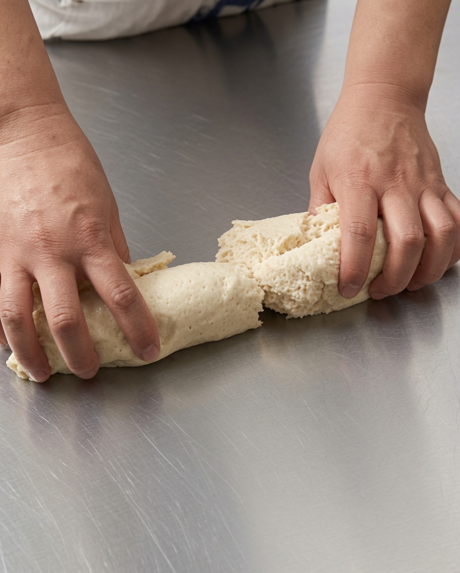 Impasto allungato e lavorato su un tavolo in acciaio inox.