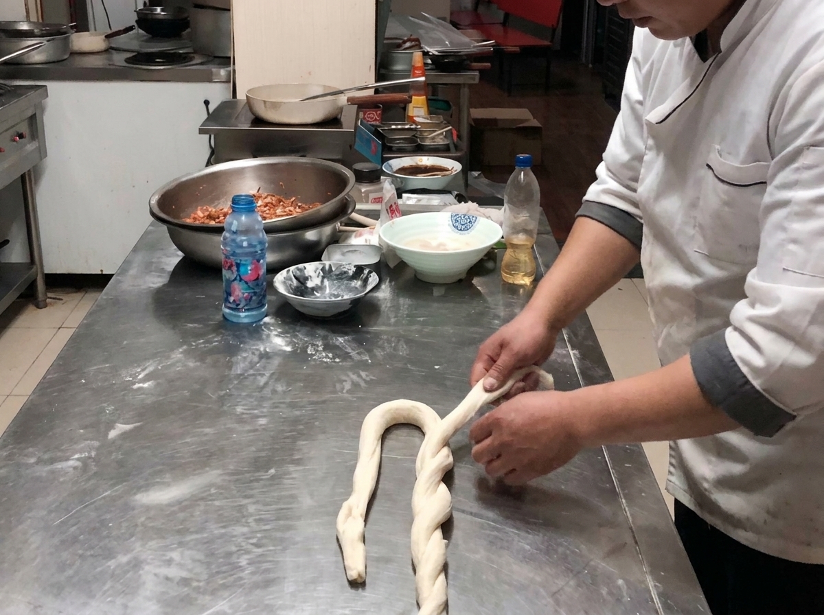 Mani che ripiegano un pezzo spesso di impasto su se stesso su una superficie infarinata.