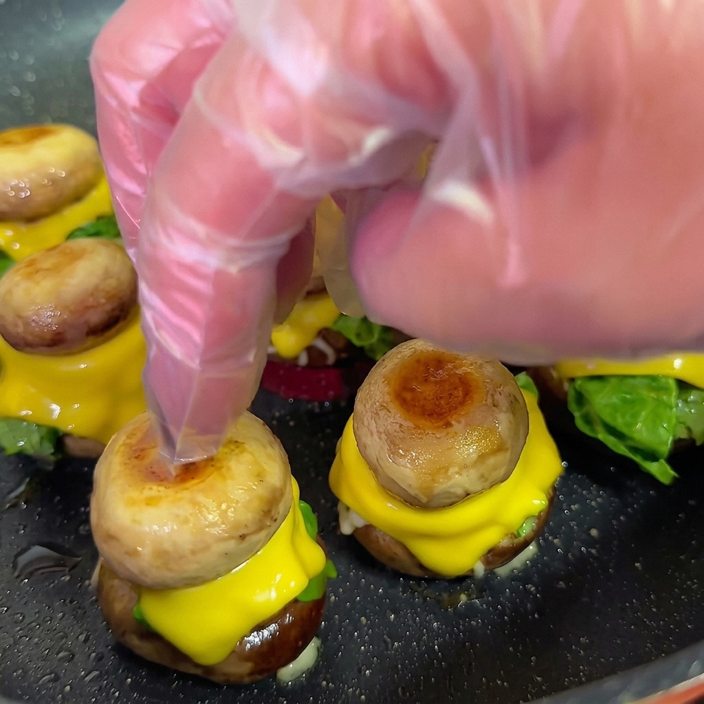 Una mano usa uno stuzzicadenti per fissare e chiudere il mini burger di funghi assemblato.