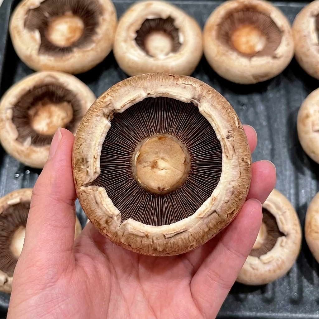 Una mano che utilizza una tasca da pasticciere per riempire le cappelle di funghi con una mousse di gamberi rosa.