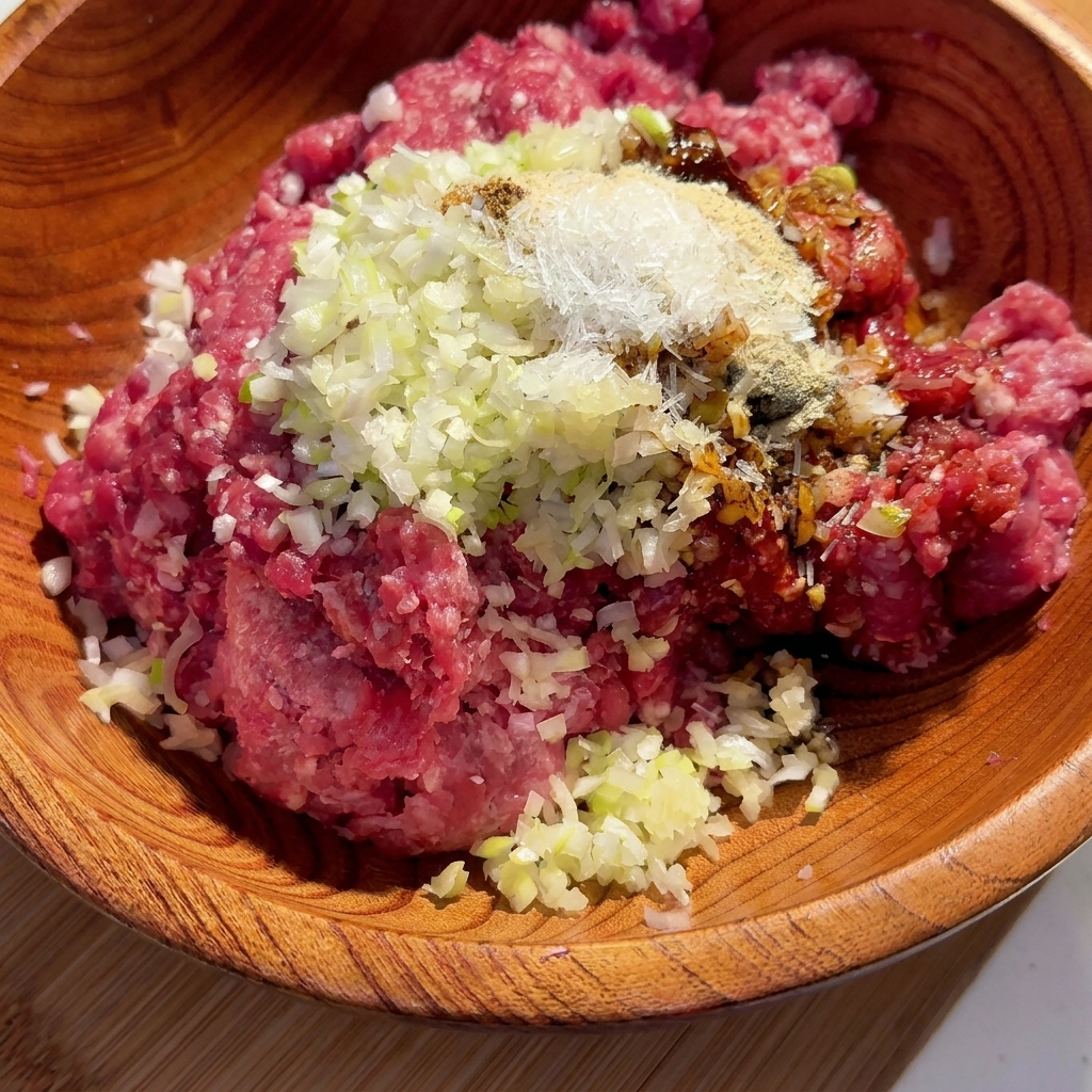 Carne macinata in una ciotola di legno mescolata con vari condimenti e aromi.