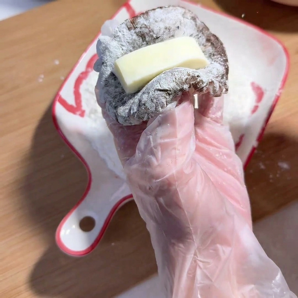 Una mano con guanto che posiziona un pezzo rettangolare di formaggio su un fungo shiitake farcito con manzo.