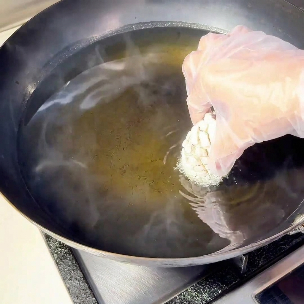 Una mano con guanto che immerge un fungo rivestito in un wok pieno di olio caldo.