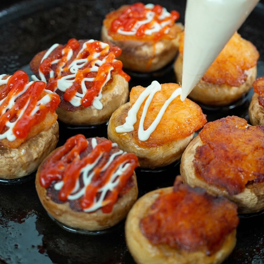 Salse maionese e ketchup distribuite sui funghi ripieni di gamberi.