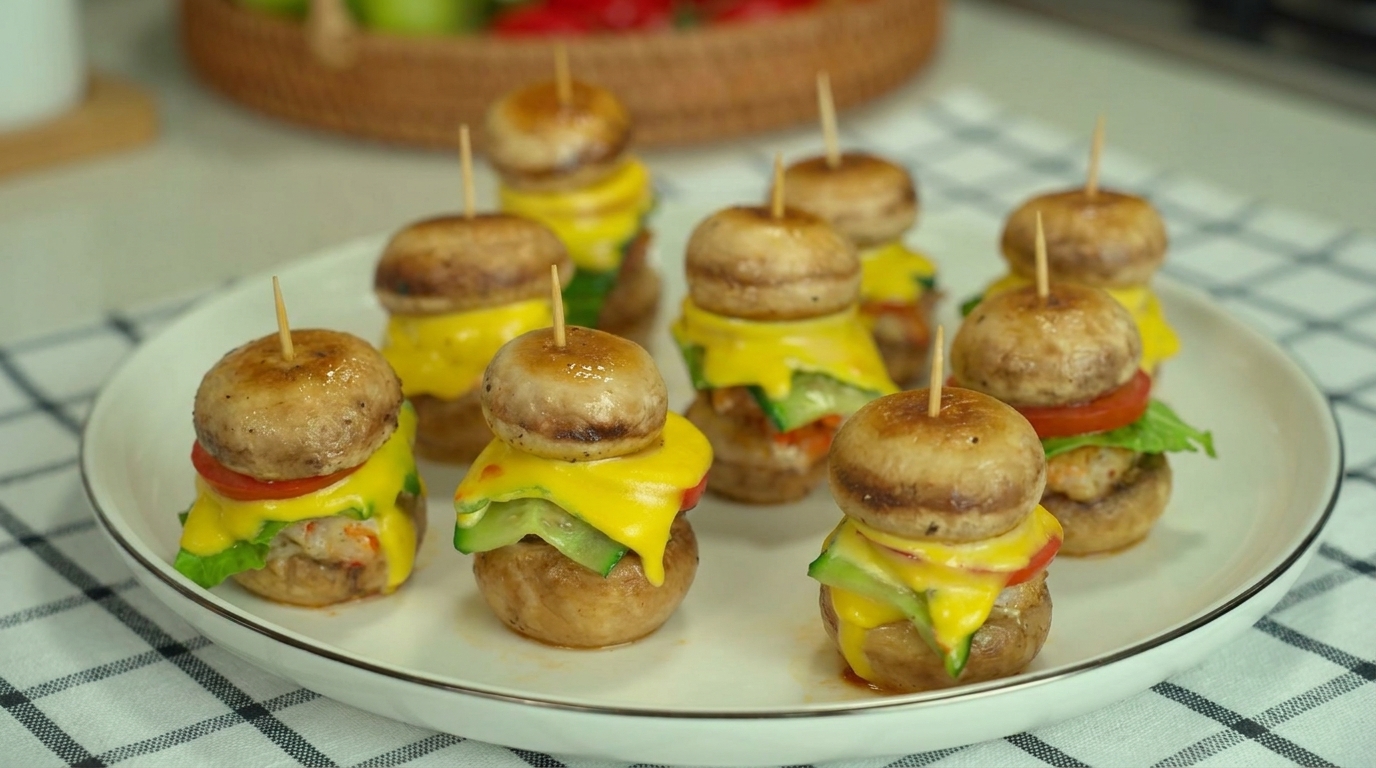 Mini hamburger di funghi ripieni di gamberi, guarniti con verdure fresche e formaggio fuso.