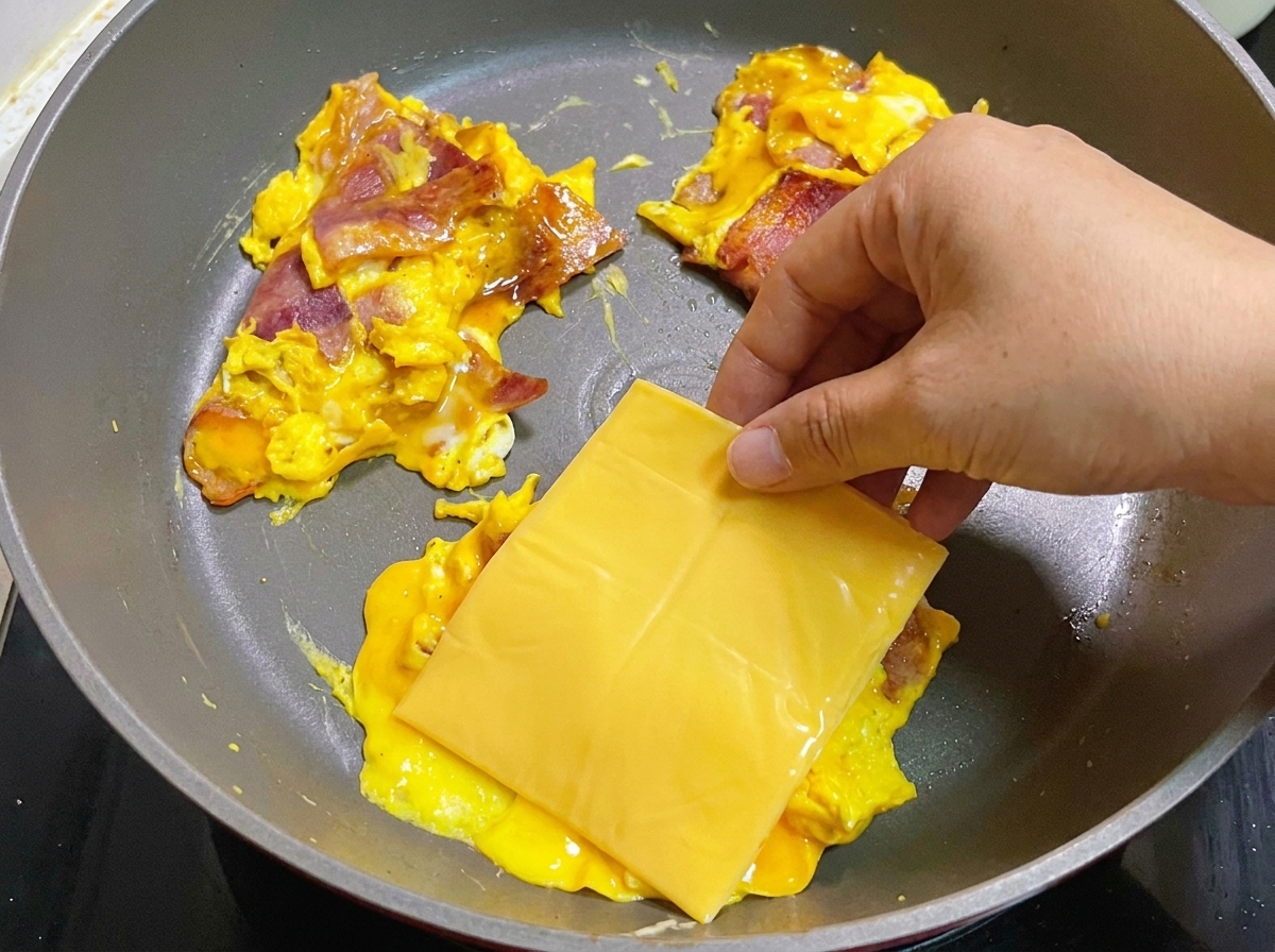 Una fetta quadrata di formaggio posizionata con cura sopra la frittata di uova e bacon in padella.