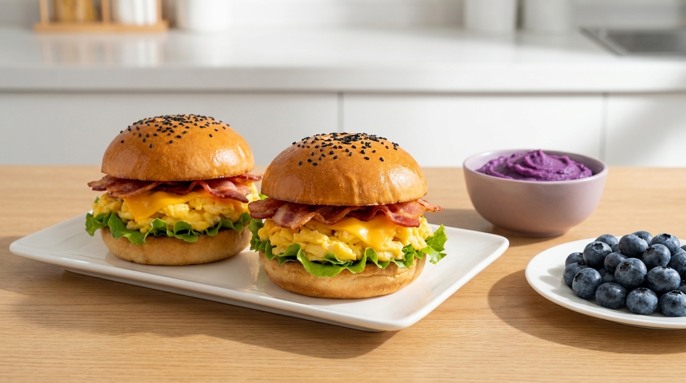 Burger veloce per la colazione con bacon e uova strapazzate