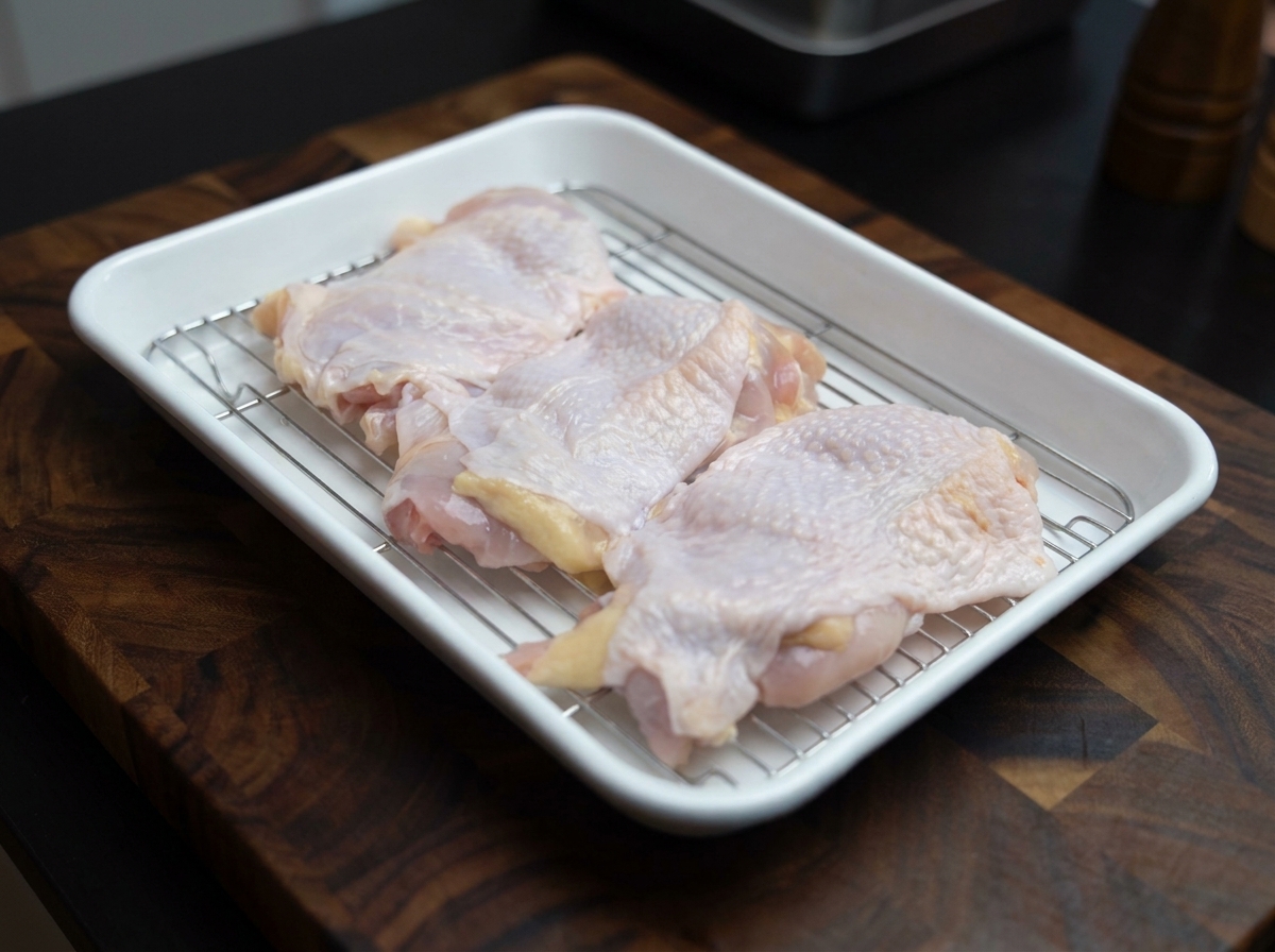Cosce di pollo disossate e stese su un vassoio di metallo.