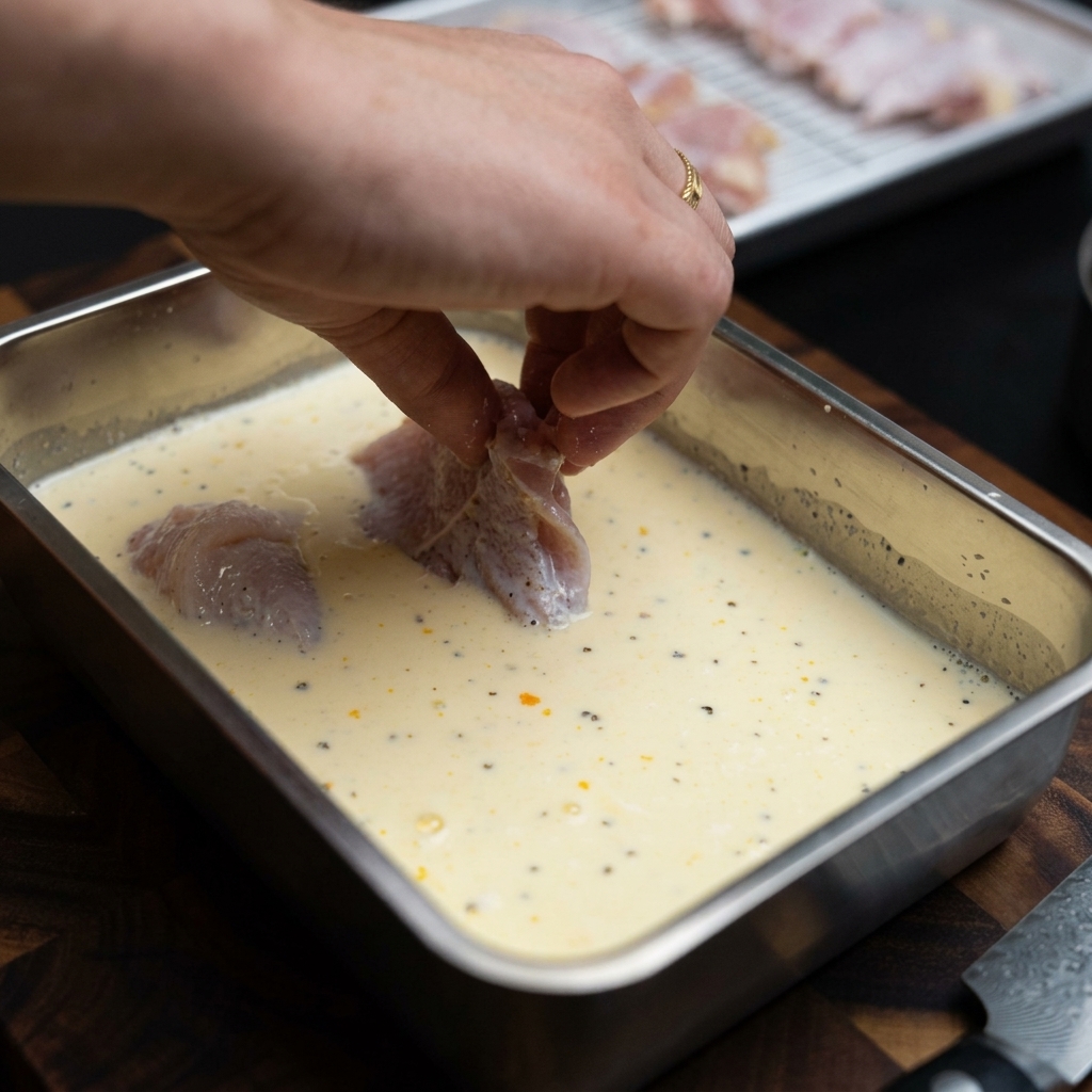 Pezzi di coscia di pollo immersi nella marinata di latte e uova allinterno di un contenitore di metallo.